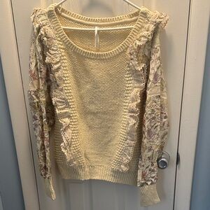 Anthropologie Cream Textured Sweater with Floral Accents